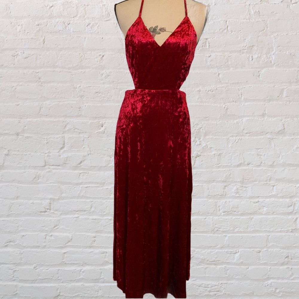 ❌DONATED❌Burgundy Red Velvet V-neck Criss Cross Back Straps Lined Maxi Dress - Picture 5 of 14
